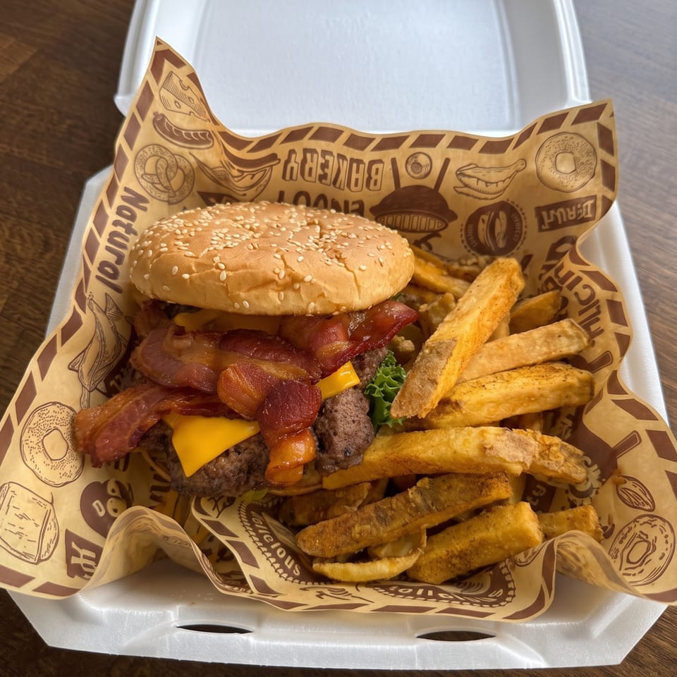A bacon cheeseburger with fries in a white takeout container lined with patterned paper.