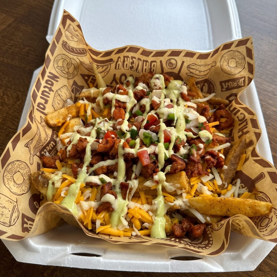 Loaded fries with chicken, cheese, pico de gallo, and two sauces in a takeout container.
