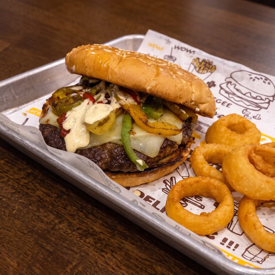 A loaded burger with cheese, peppers, and sauce, served with onion rings on a metal tray.