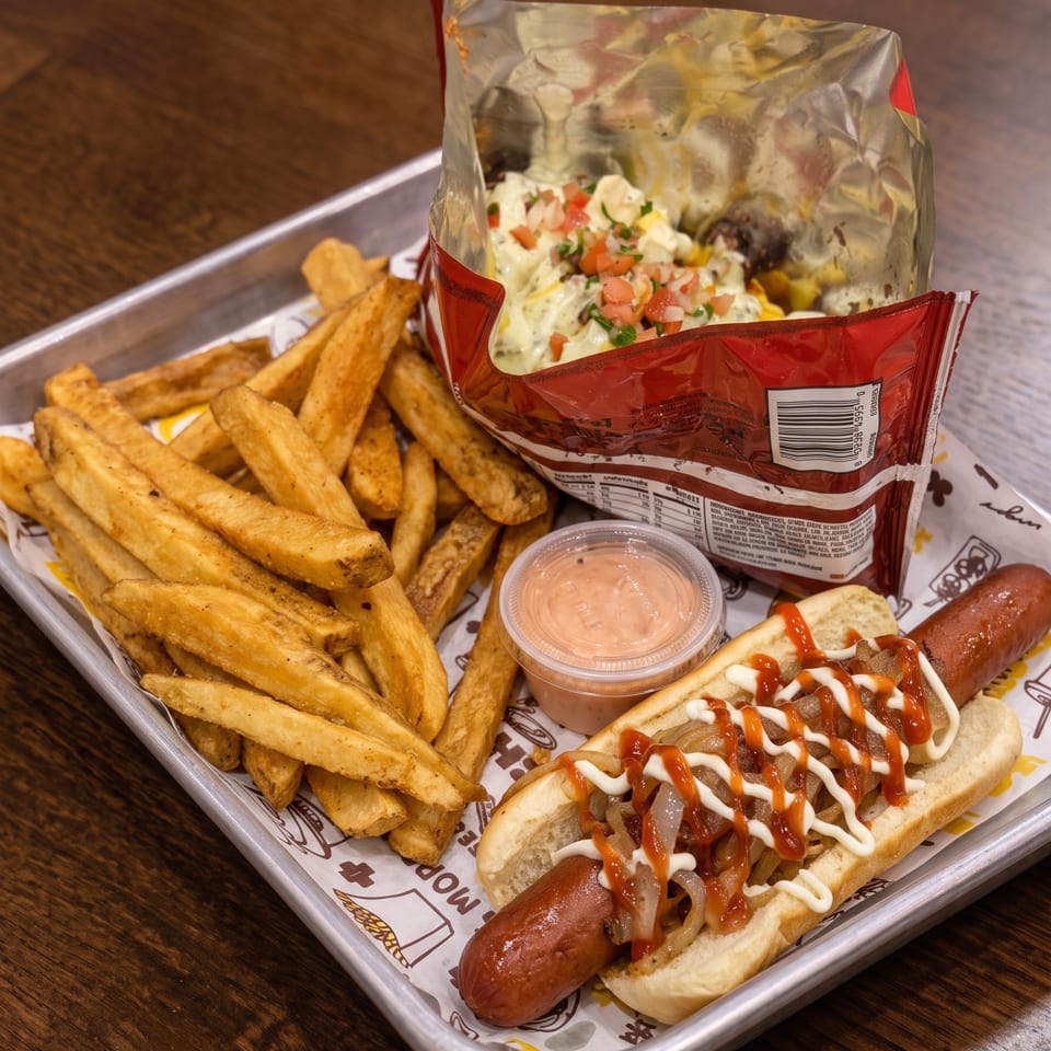 A hot dog with onions, ketchup, and mayonnaise, fries, and a bag of walking tacos on a tray.
