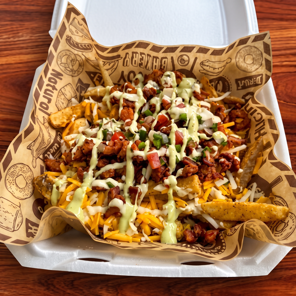 Loaded fries topped with cheese, bacon, diced vegetables, and creamy green sauce in a branded paper-lined tray.