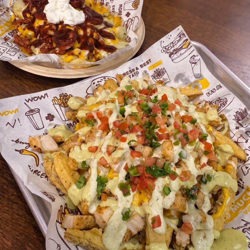 Loaded fries topped with chicken, cheese sauce, diced tomatoes, onions, peppers, and herbs, alongside barbecue-covered fries with sour cream.